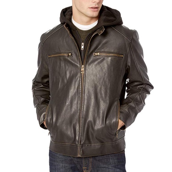 guess men's faux leather hooded moto jacket